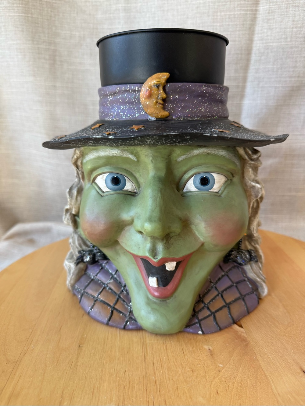VTG Halloween Green Grinning Resin Witch Hat Candle Holder Decoration Decor